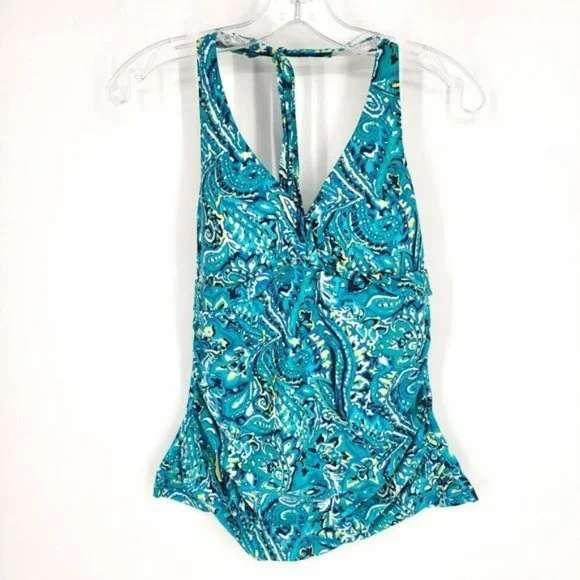 Chaps 12 Blue Green Yellow Abstract Paisley Neck Tie Padded Tankini Swimsuit Top - Picture 11 of 11